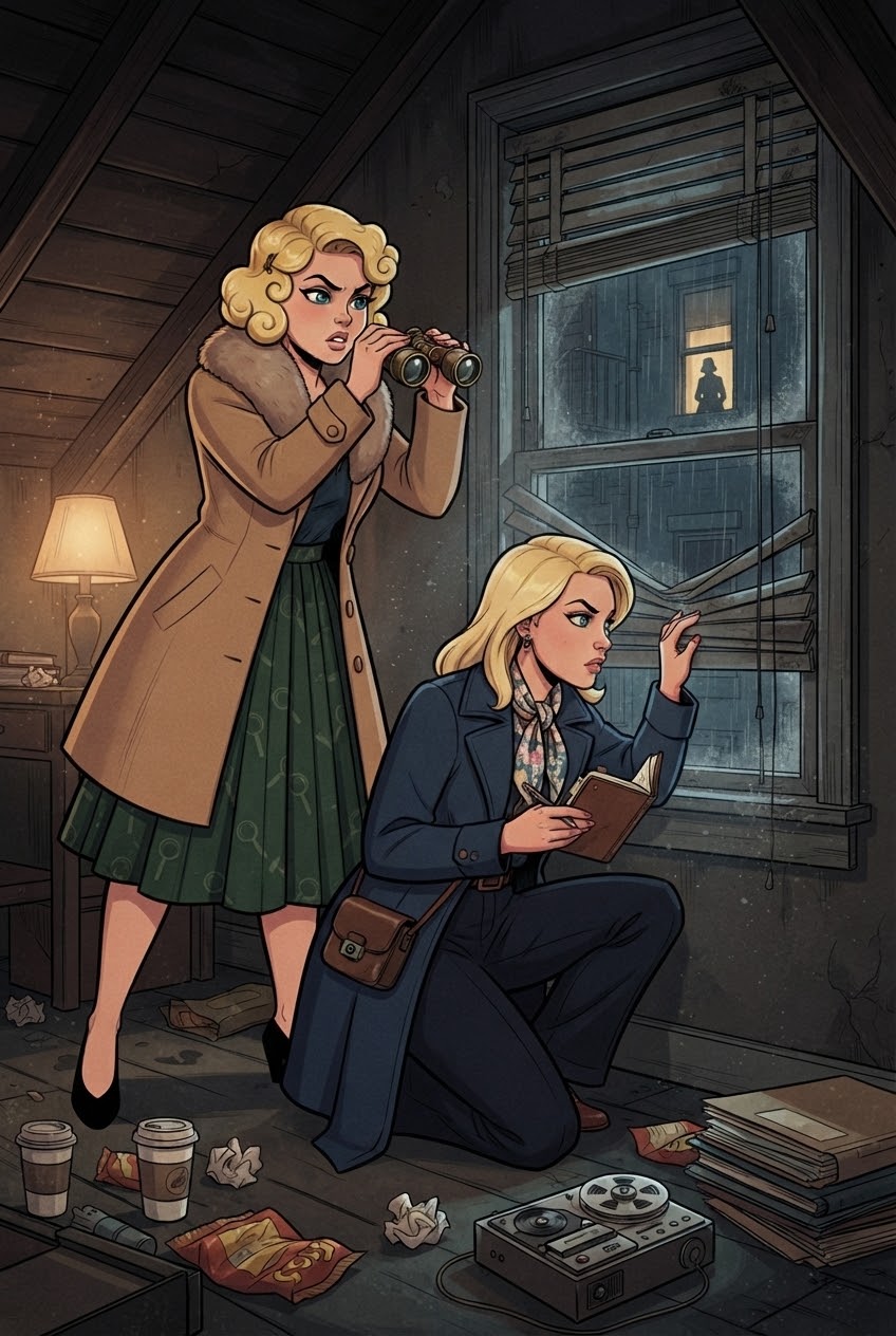 Illustration: Tree kneels by an attic window taking notes while Missy watches a building across the street through binoculars