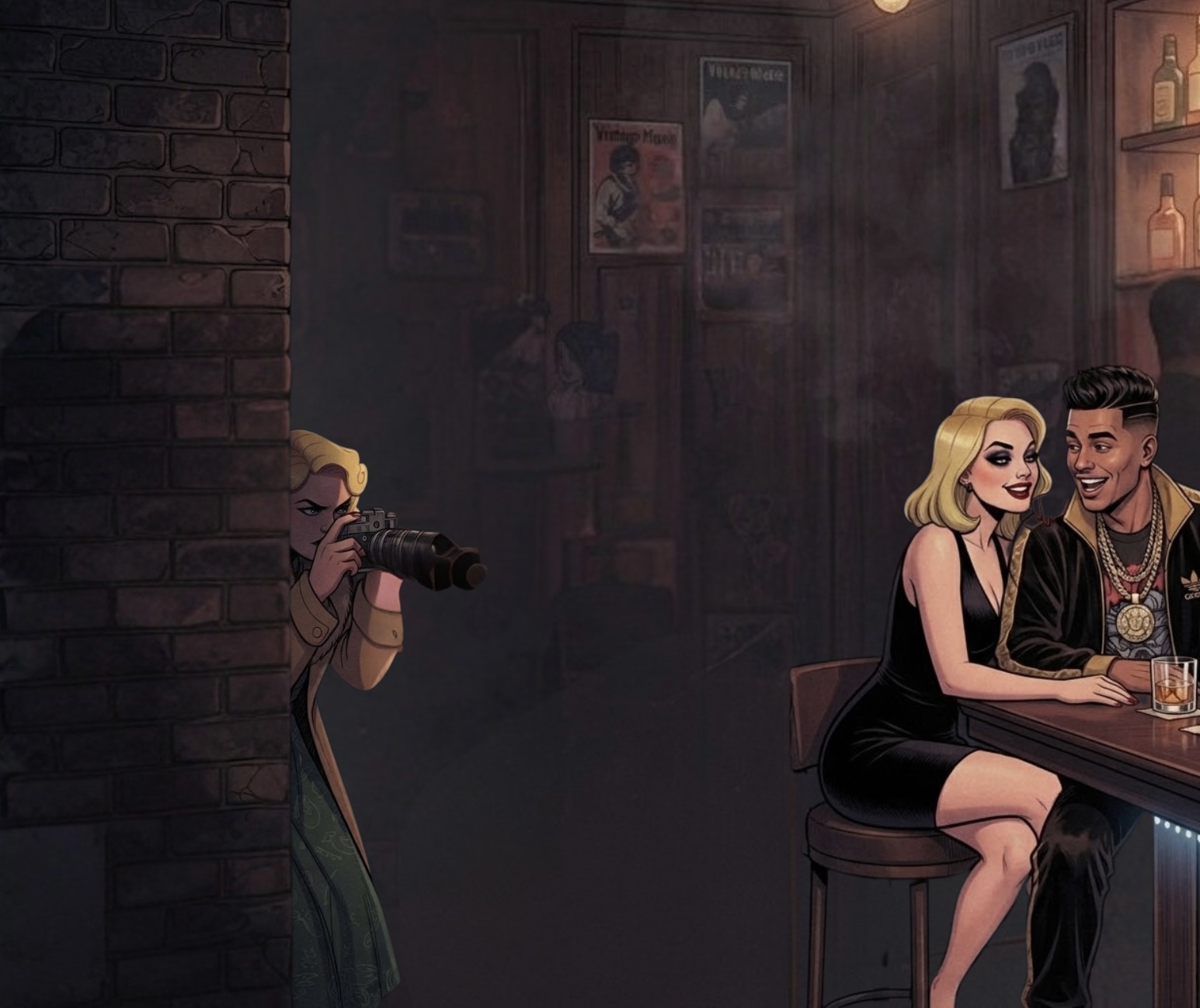 Illustration: Missy peeks around a brick wall with a camera, photographing a couple flirting at a bar